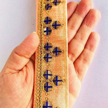 Mirrored Yellow/ Mint Green/ Cyan Blue/ Melon Orange Fabric Trim With Gold Embroidery, Indian Sari border - 210119L291/92/93/94